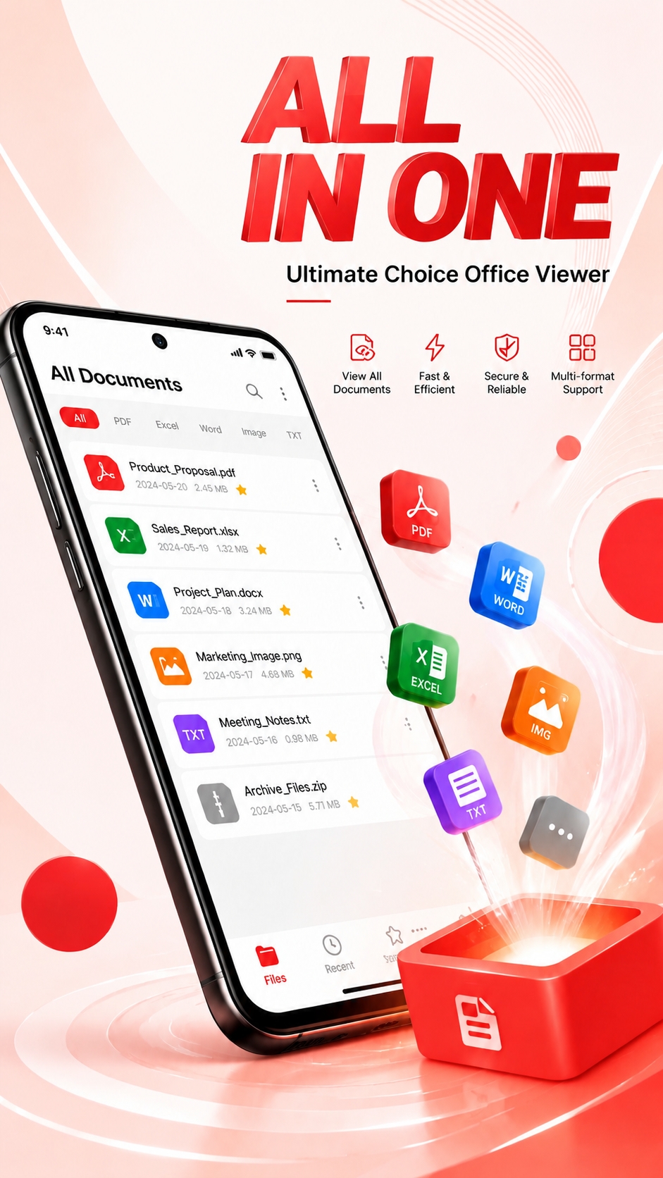 All documents screen showing PDF, Word, Excel, images, and text files